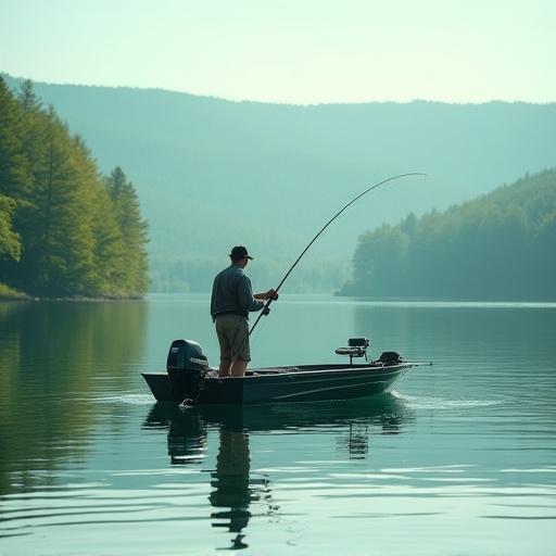 호수에서 보트를 타고 배스를 낚는 모습